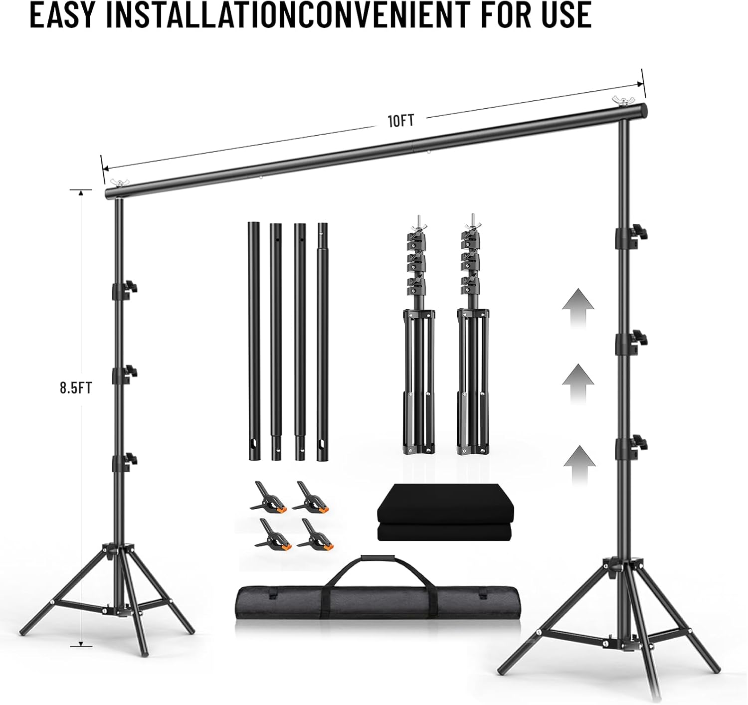BEIYANG 8.5X10 FT Photo Background Stand with 10X12 FT Black Backdrop Screen, Adjustable Background Holder Support System Kit for Photography Video, Parties Decoration with Carry Bag & Clamps